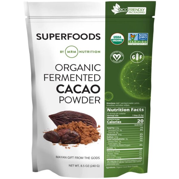 Version 1.0.0 Polvo de cacao fermentado orgánico — frente del envase