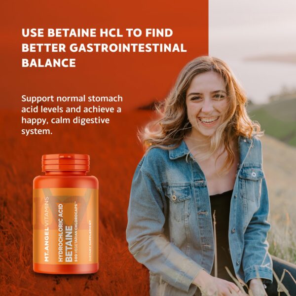 Etiqueta y frasco Betaína HCl Mt. Angel