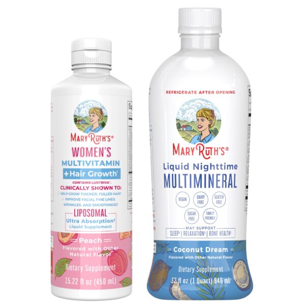 Multivitaminas mujer crecimiento capilar liposomal durazno botella MaryRuth Organics
