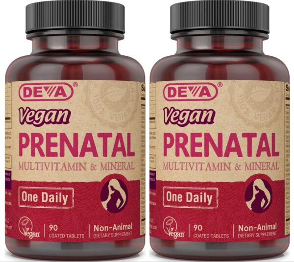 Multivitaminas prenatales veganas DEVA botella frontal