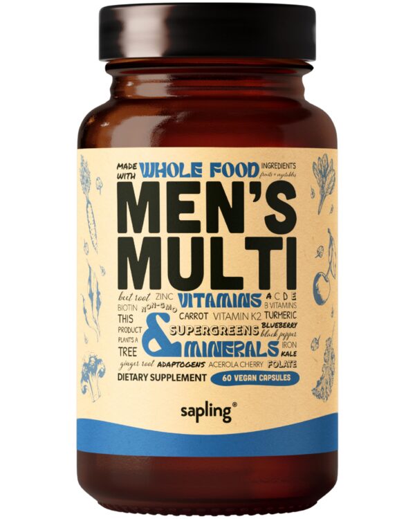 Version 1.0.0 Multivitamínico para hombres Sapling botella frontal