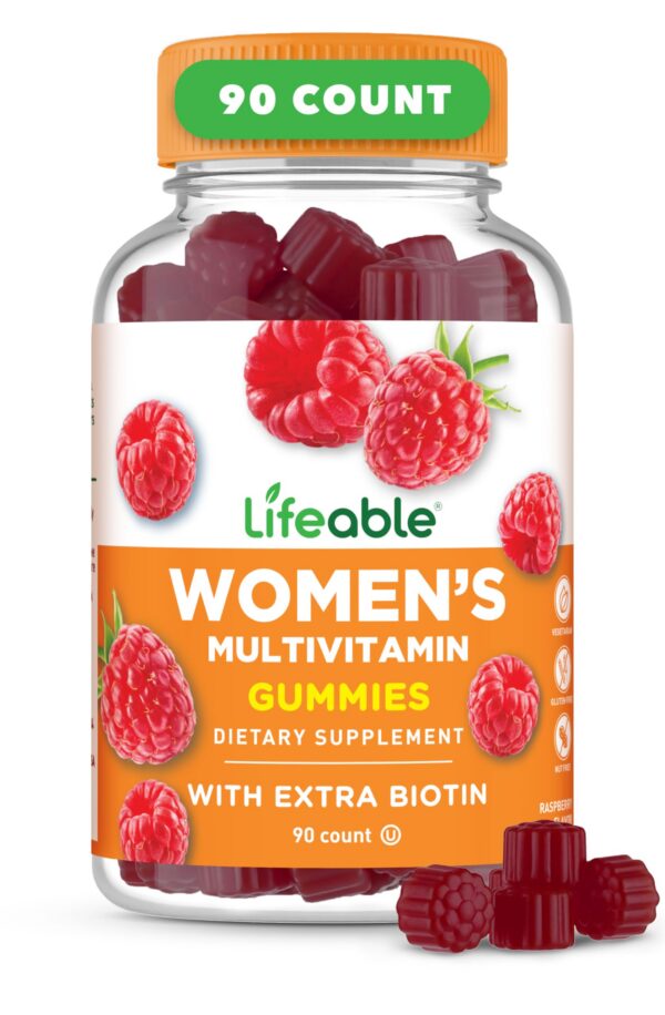 Version 1.0.0 Multivitamínico Lifeable para mujeres gomitas sabor frambuesa envase