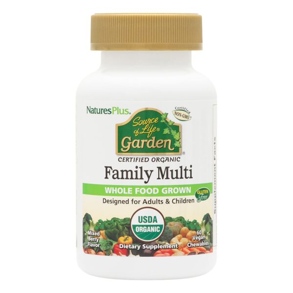 Frontal multivitamínico masticable orgánico Natures Plus para familia