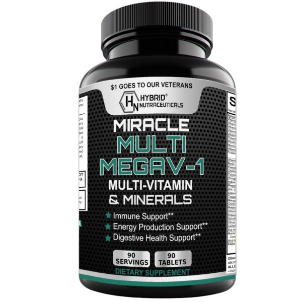Frasco del multivitamínico MEGAV-1 con superalimentos y probióticos