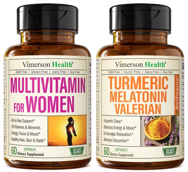 Multivitamínico para mujer con cúrcuma y melatonina en botella