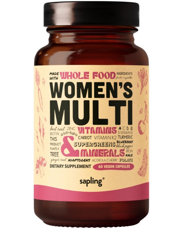 Version 1.0.0 Multivitamínico para mujeres Sapling botella frontal
