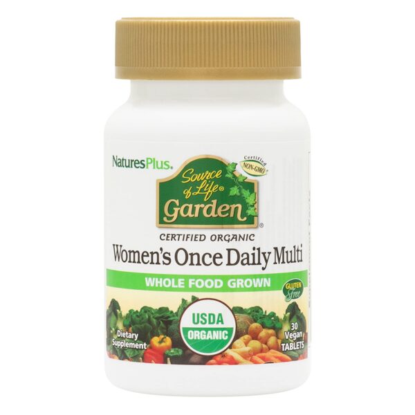 Multivitamínico orgánico diario para mujeres Natures Plus Source of Life Garden botella frontal