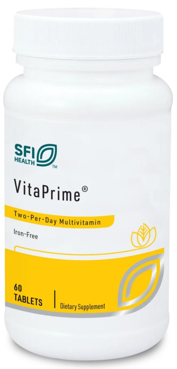 Frasco de Klaire Labs Vitaprime multivitamínico sin hierro