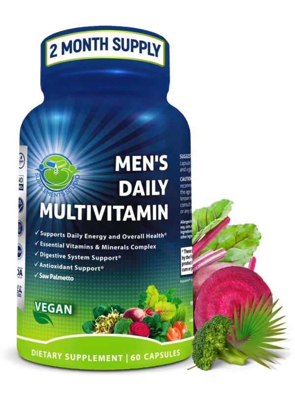 Multivitaminico vegano para hombres con saw palmetto botella frontal