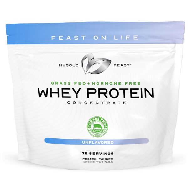Front view of Muscle Feast grass-fed whey protein canister