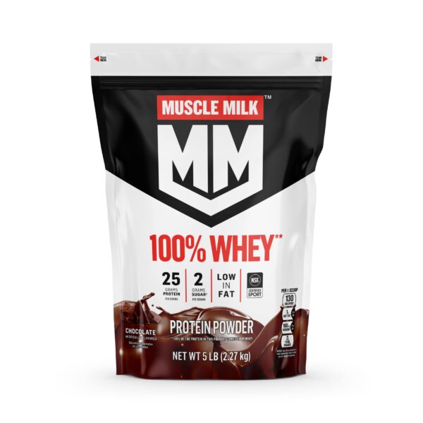Canister de Muscle Milk 100% Whey Protein Powder sabor chocolate, 5 lb