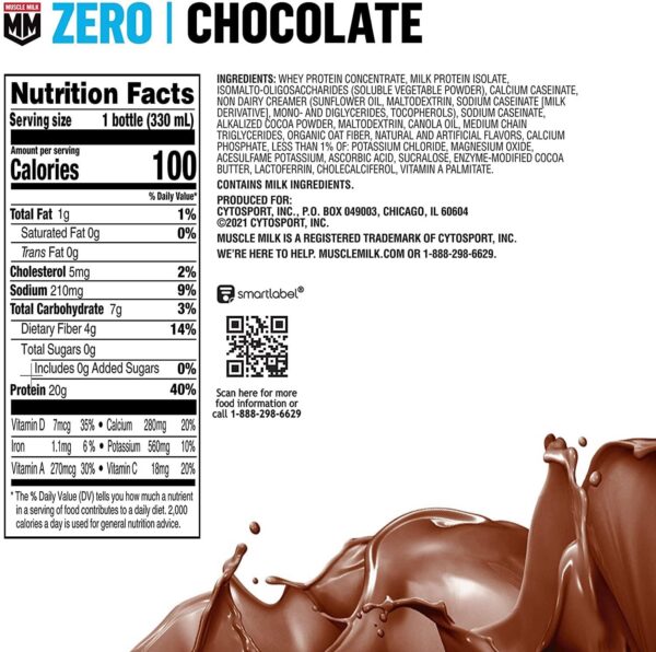 Version 1.0.0 Botella Muscle Milk Zero sabor chocolate para recuperación muscular y snack