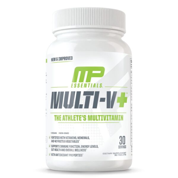 Version 1.0.0 Muscle Pharm Essentials Multi-V+ multivitamínico botella frontal