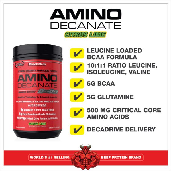 Frasco MuscleMeds amino decanate Citrus Lime vista lateral