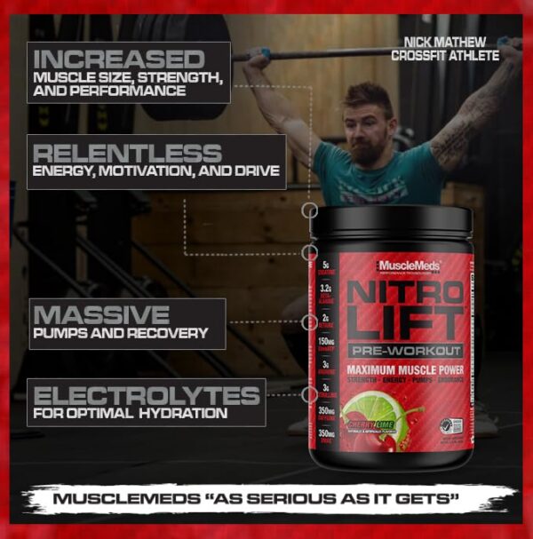 Polvo de MuscleMeds Nitro Lift pre-entrenamiento sabor cereza lima