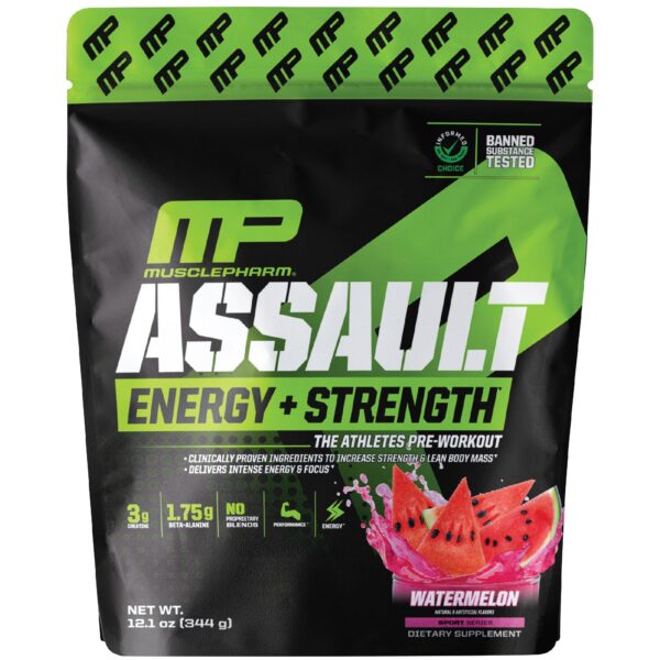 MusclePharm Assault preentrenamiento polvo sabor sandía en envase