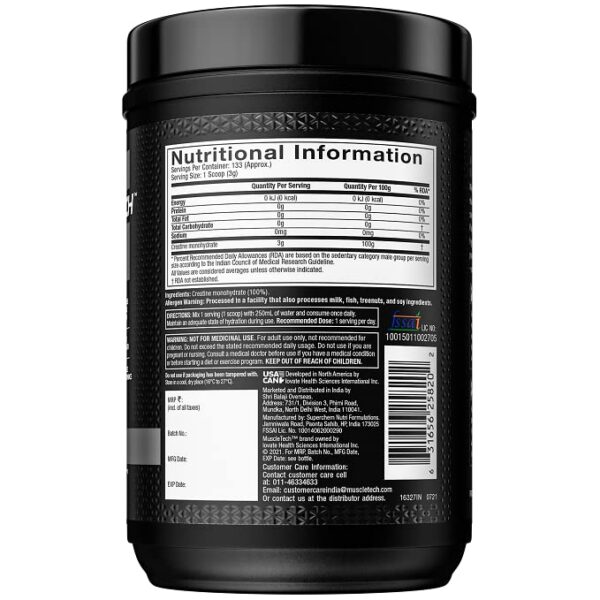 Etiqueta trasera de MuscleTech Creatine Monohydrate