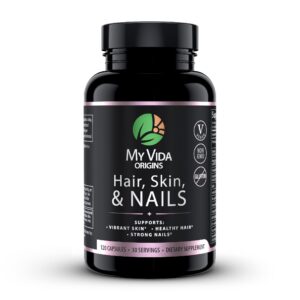 Frente del frasco My Vida Origins Hair Skin and Nails