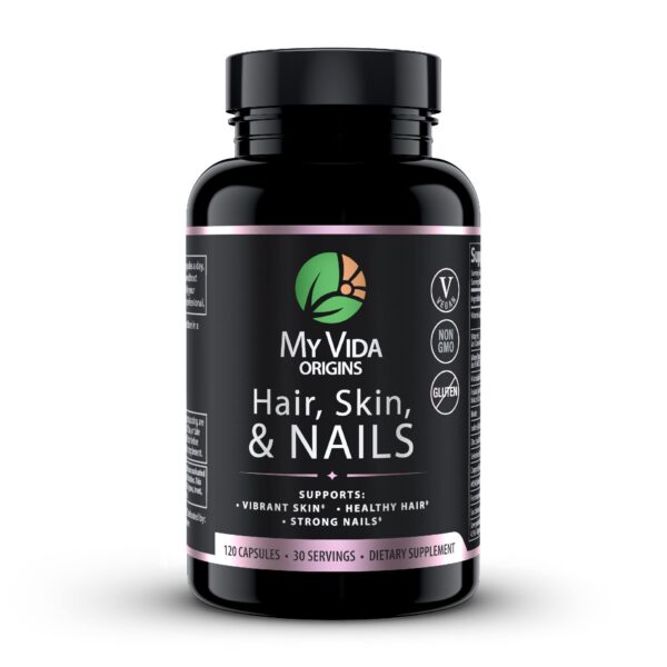 Frente del frasco My Vida Origins Hair Skin and Nails