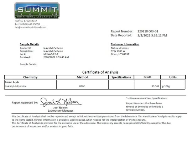 Detalle de etiqueta NAC 600 mg Nature's Fusions
