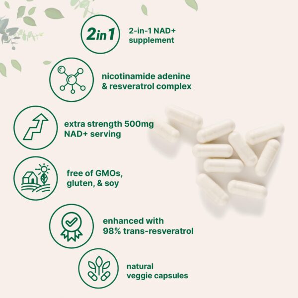 Frasco NAD+ etiqueta y cápsulas