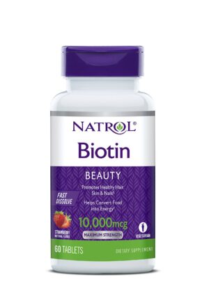 Botella de biotina Natrol 10,000mcg rápida disolución.