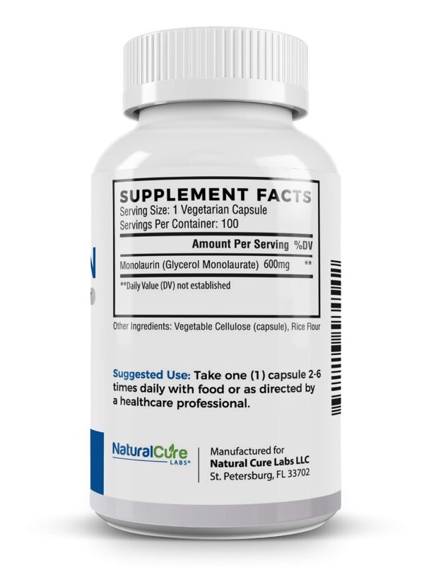 Detalle de cápsulas Monolaurina 600 mg y L-Lisina Clean