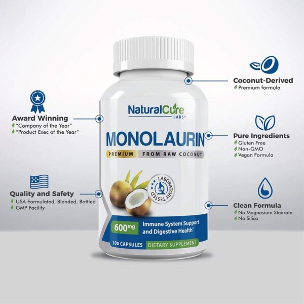 Frente de las botellas del conjunto Natural Cure Labs con Monolaurina 600 mg y L-Lisina Clean