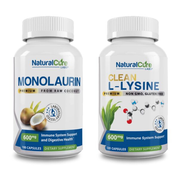 Conjunto Natural Cure Labs frontal con Monolaurina 600 mg y L-Lisina Clean