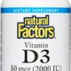 Frasco Natural Factors Vitamina D3 2000 UI 240 cápsulas blandas