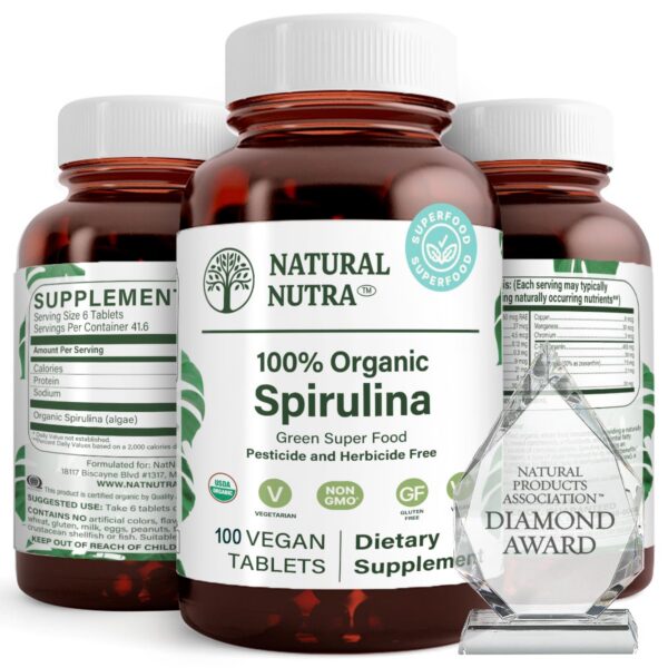Natural Nutra espirulina orgánica frasco vidrio reciclable