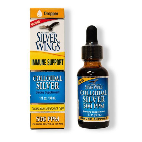 Frente de la botella Natural Path Silver Wings plata coloidal 500 ppm