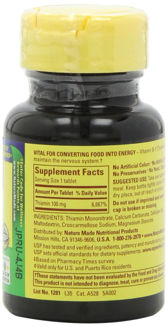 Caja de Nature Made Vitamina B-1 con información