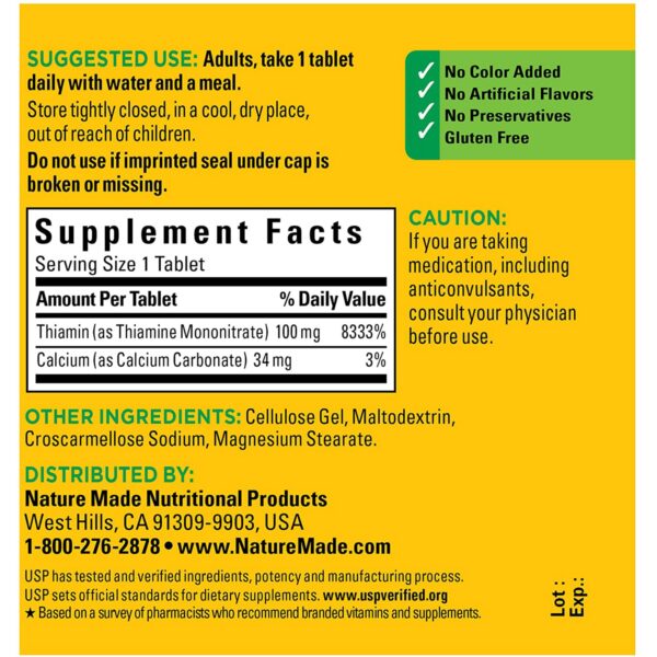 Tabletas Nature Made Vitamina B1 100 mg para energía