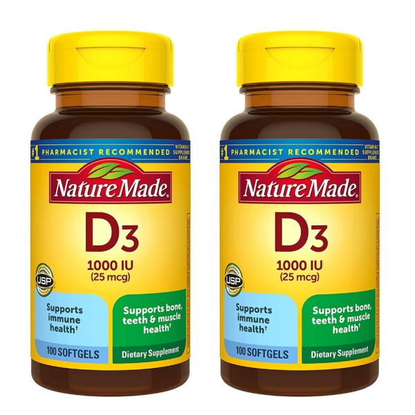 Nature Made Vitamina D3 frasco y cápsulas blandas