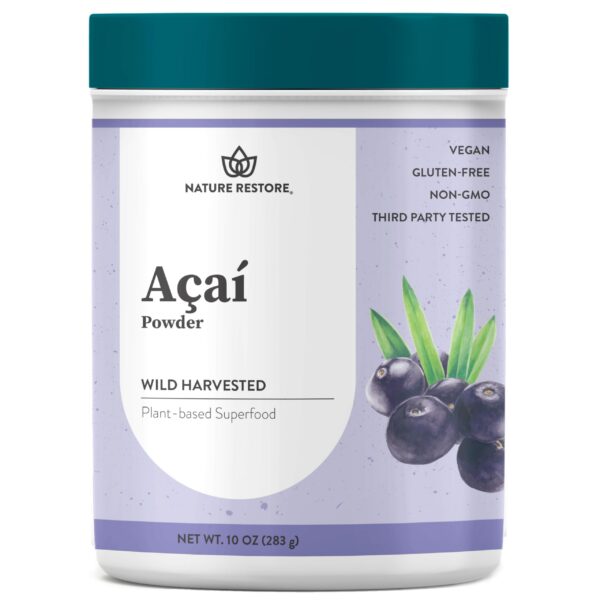 Frasco de polvo de acai Nature Restore con etiqueta