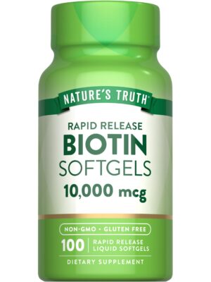 Envase frontal Nature's Truth Biotina 10.000 mcg cápsulas blandas