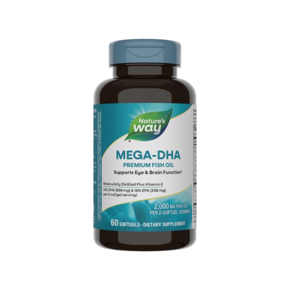 Envase frontal de Nature's Way Mega-DHA premium fish oil