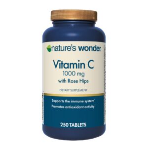 Frasco frontal de Nature's Wonder Vitamina C 1000 mg con Rosa Mosqueta