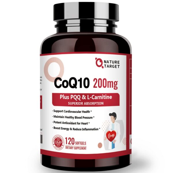 Frente de la botella Nature Target CoQ10 200 mg