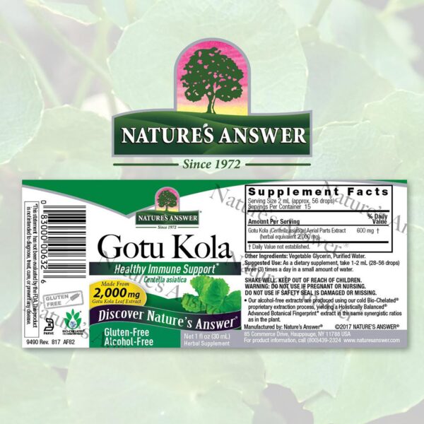 Etiqueta del suplemento Gotu Kola Nature's Answer 1 onza