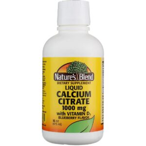 Frasco de Nature's Blend citrato de calcio líquido con D3 sabor arándano