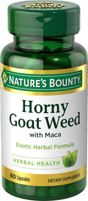 Nature's Bounty Horny Goat Weed con Maca suplemento herbal botella