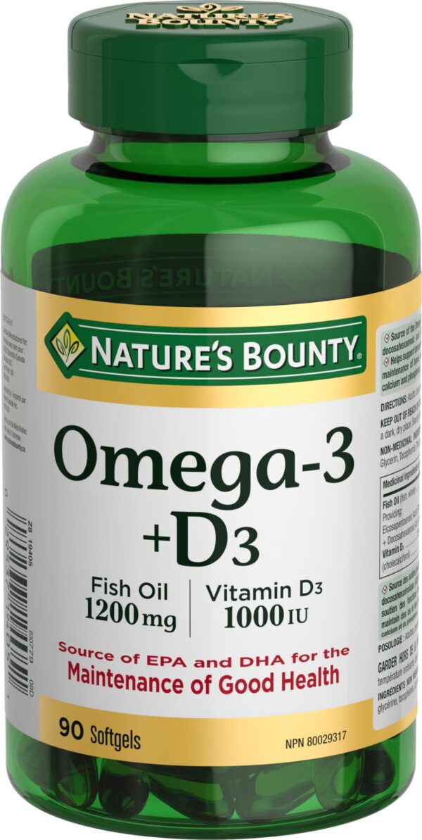 Nature's Bounty omega-3 capsulas blandas frente al envase