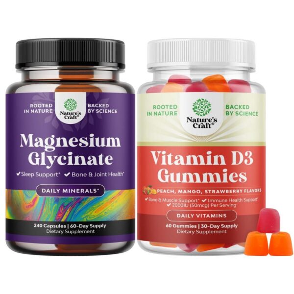 Frasco de magnesio glicinato y gomitas D3 de Natures Craft