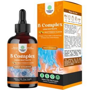 Frente de la botella de complejo de vitamina B líquido vegano