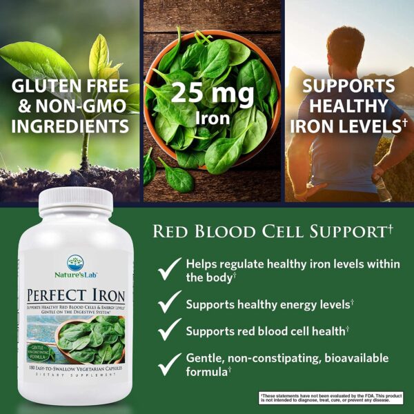 Detalle de cápsulas de hierro Nature's Lab Perfect Iron 180 unidades