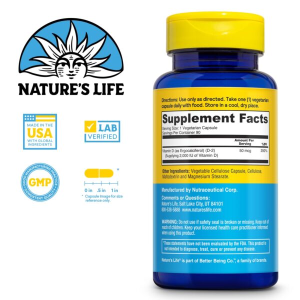 Nature's Life D2 ergocalciferol bottle label close-up