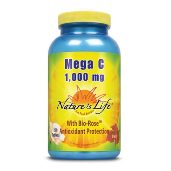 Frasco Nature's Life Mega C 1000 vitamina c antioxidante 250 cápsulas