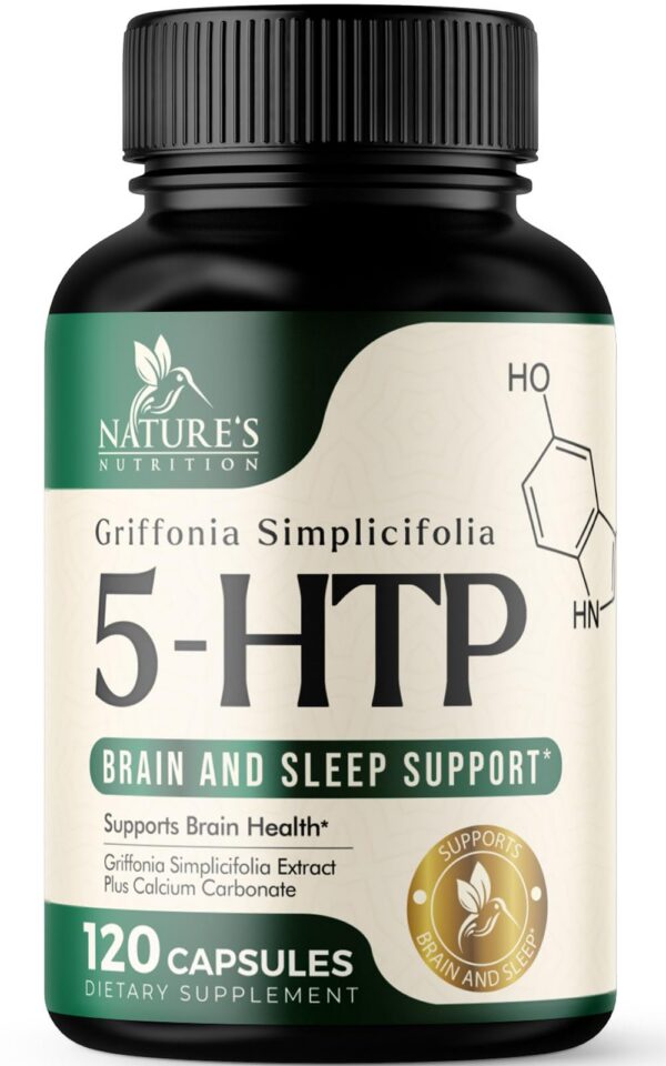 Version 1.0.0 Nature's Nutrition 5-HTP frasco y cápsulas